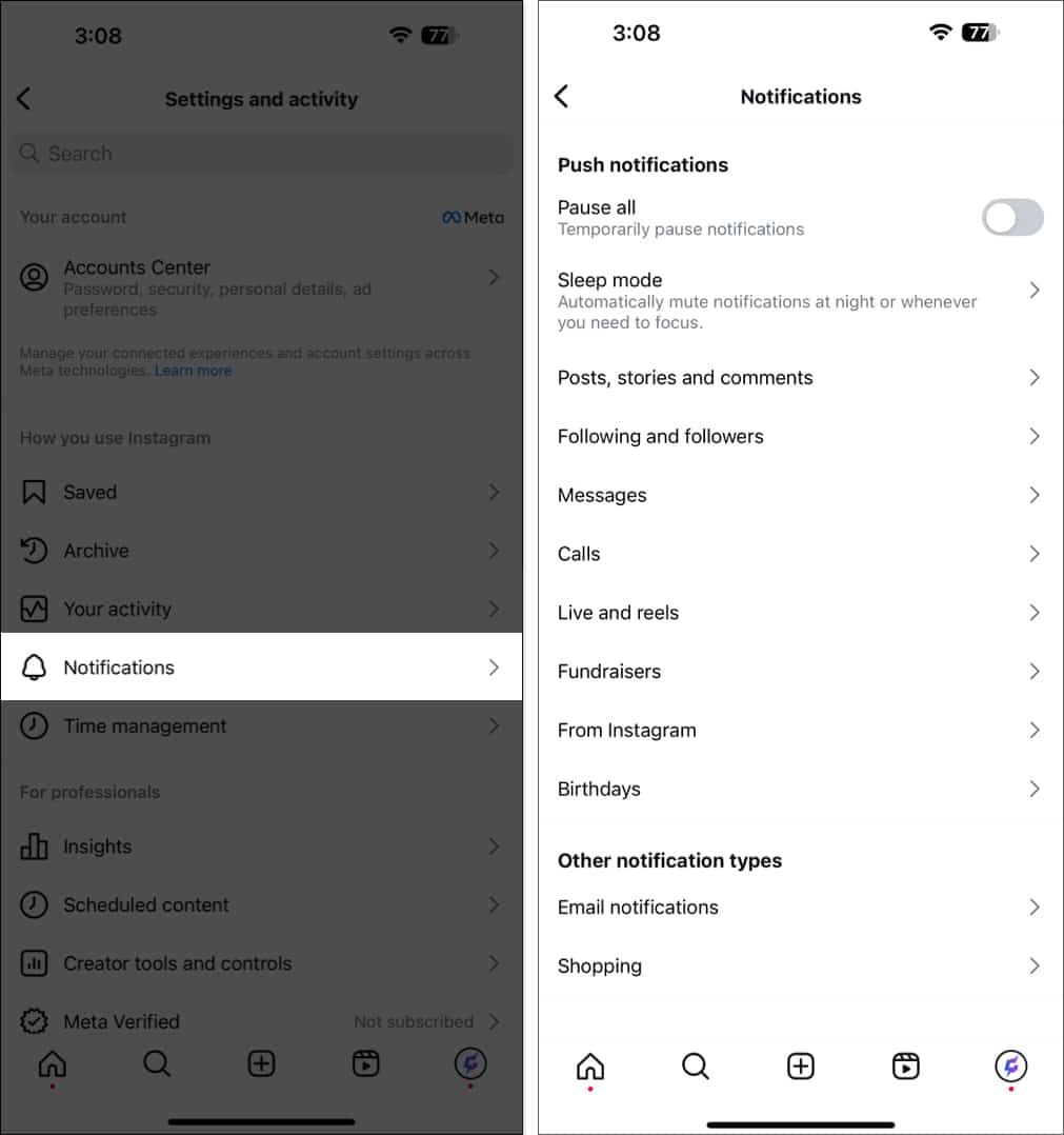 Accessing notification settings for an Instagram account on the iPhone app