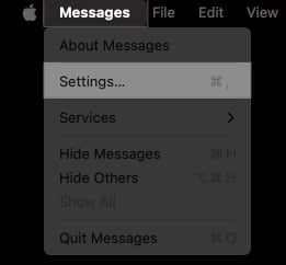 Accessing Messages app settings from the menu bar on a Mac