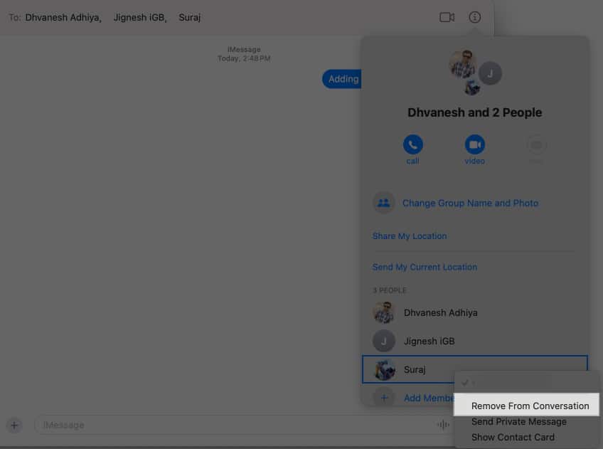 Removing a member from a group conversation in macOS Messages app