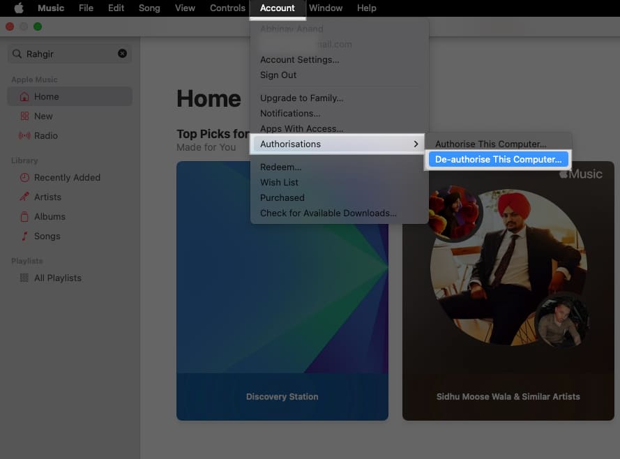 Deauthorizing a Mac from Apple Music