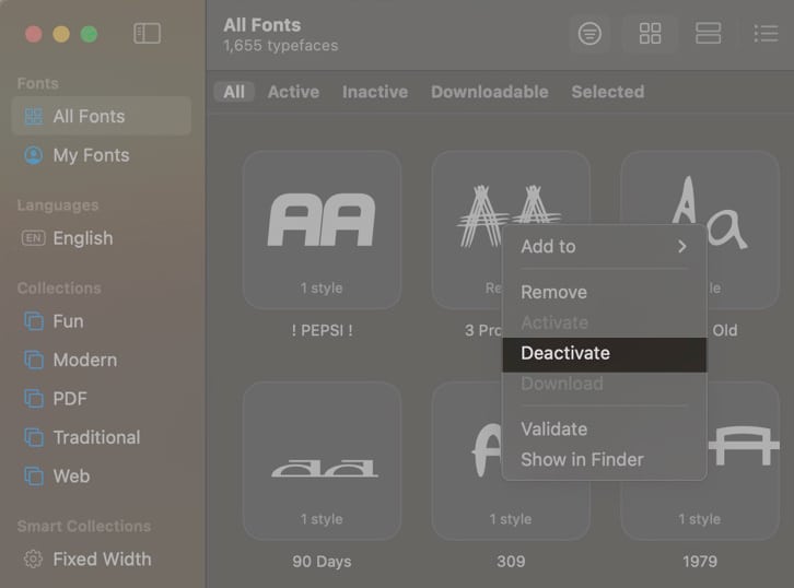 Deactivate option to remove a font from the Font Book app on a Mac