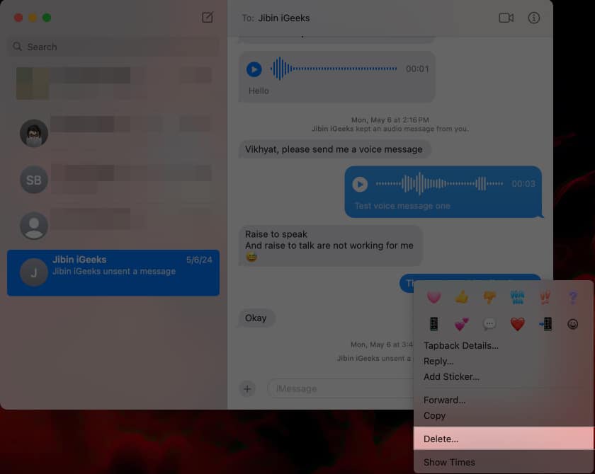Deleting a message in the Messages app on a Mac