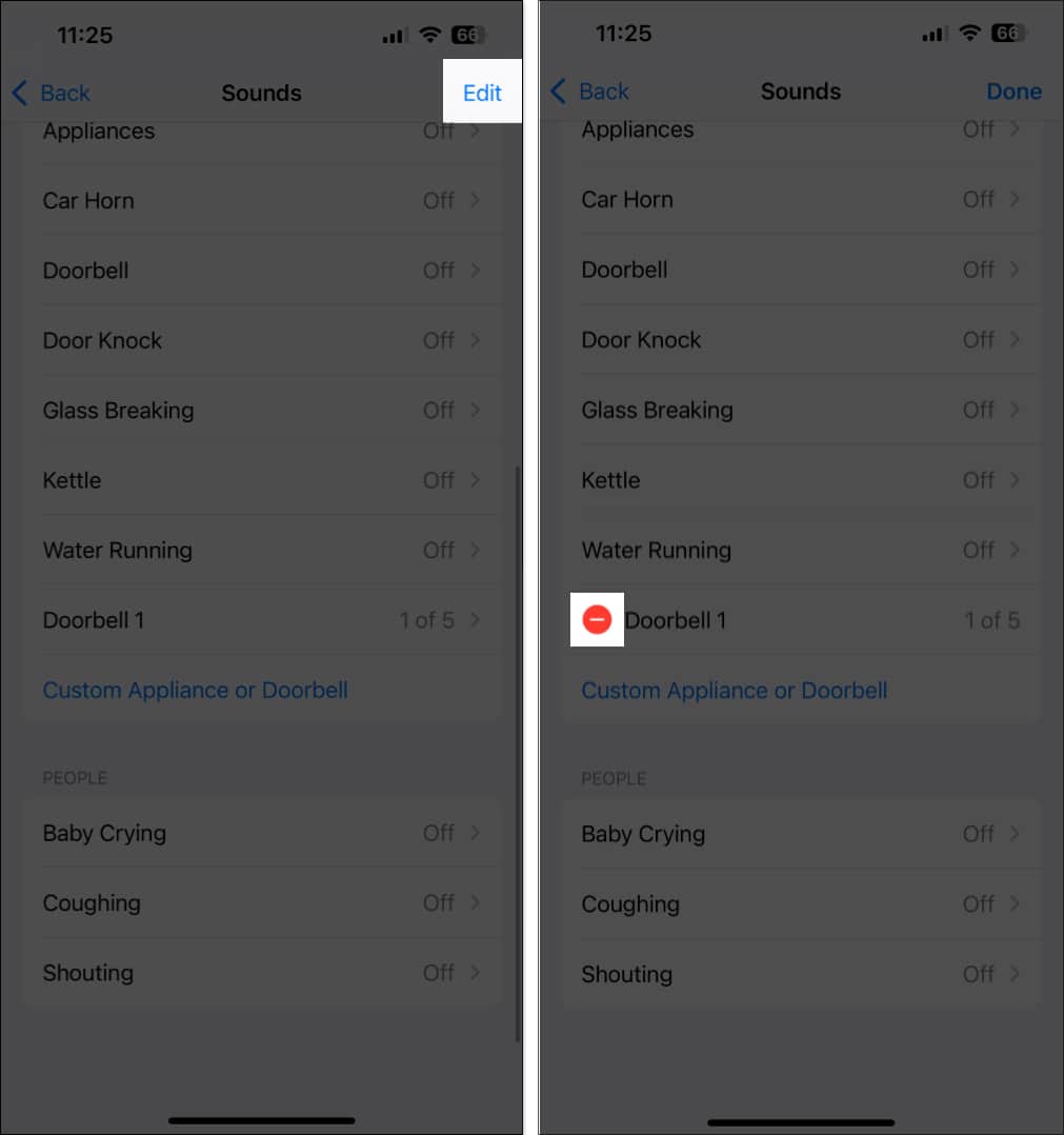 Deleting a custom sound from the Sound Recognition feature on an iPhone