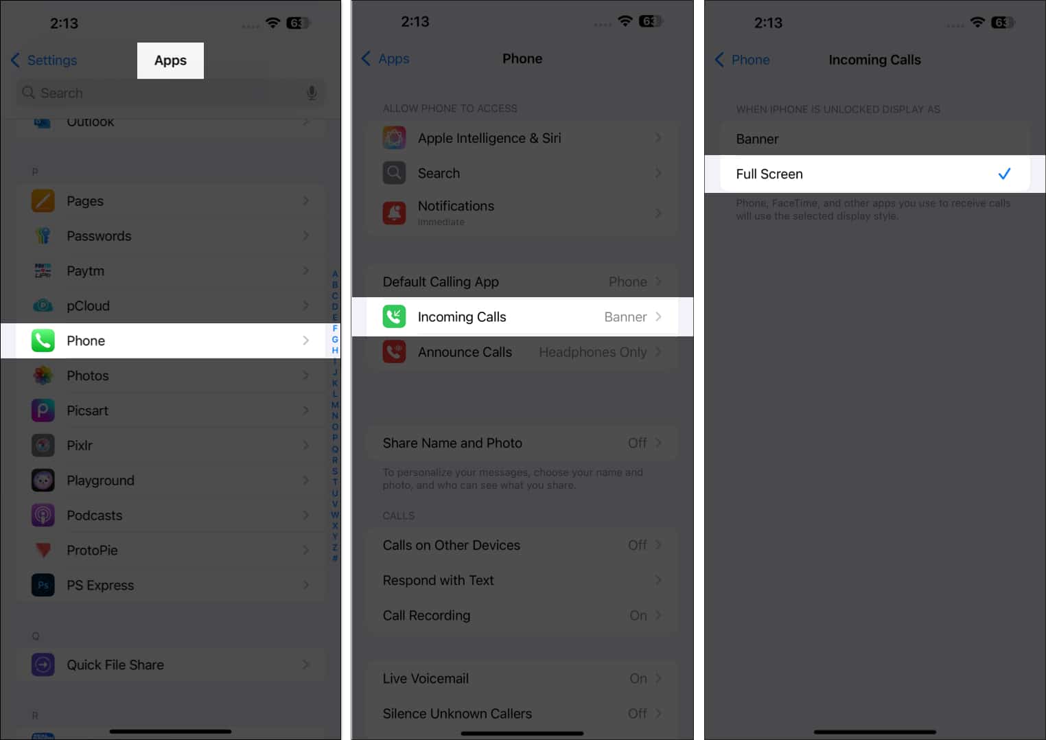 Select Full screen option for Incoming Calls in Phone settings on iPhone