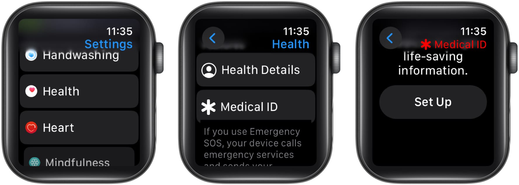 Select Heath from settings app on Apple Watch and tap on Medical ID