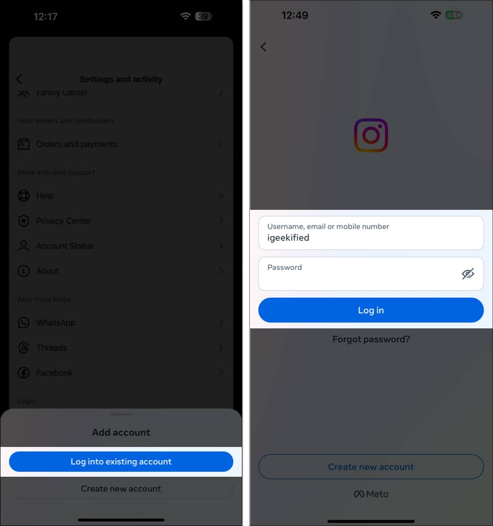 Logging in to an existing Instagram account on the iPhone app