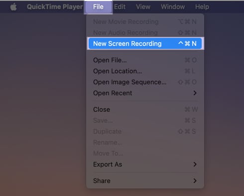 Starting a new screen recording in the QuickTime Player