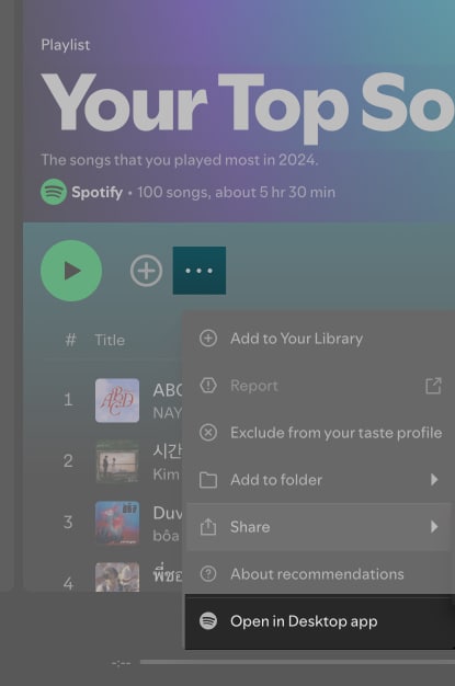 Open in Desktop app option to open a playlist in the Spotify app on a Mac