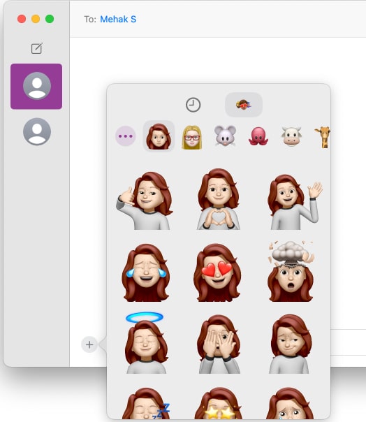 Choosing a Sticker or Memoji to send via the Messages app on a Mac