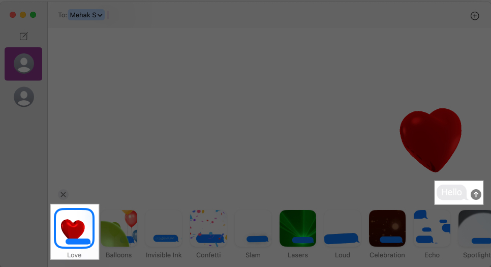 Sending a message with an effect in the Messages app on a Mac