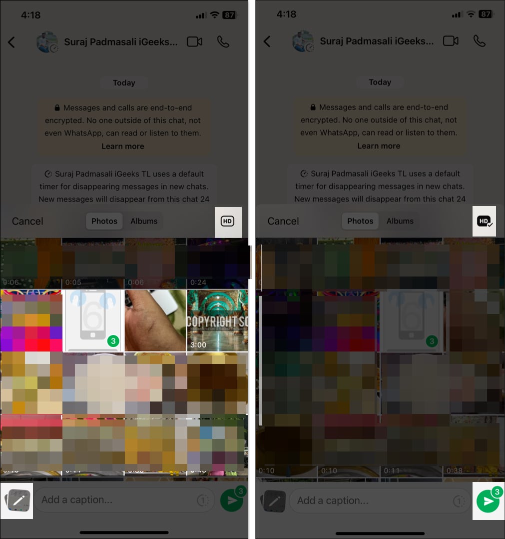 Changing the image quality of selected pictures to HD on WhatsApp and sending them