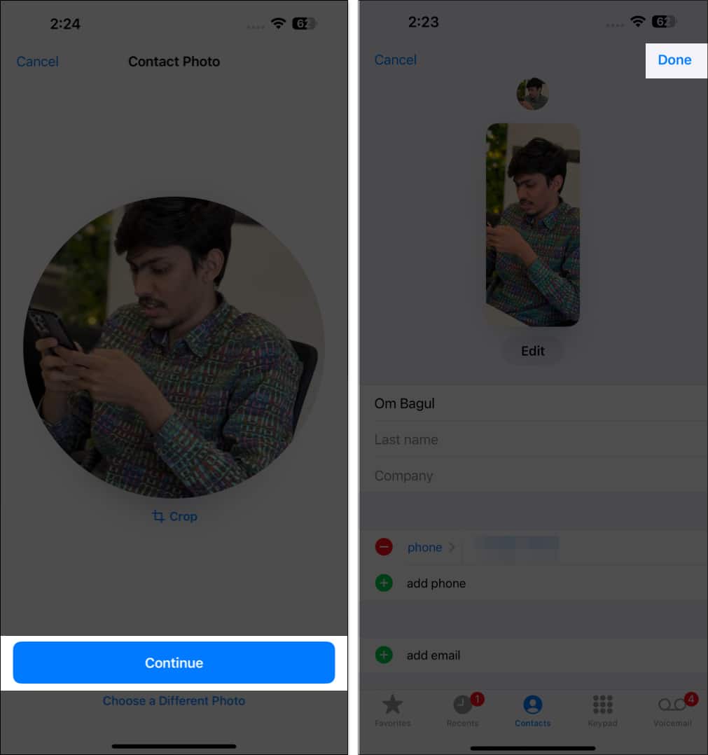 Set Contact Photo and select Done on iPhone