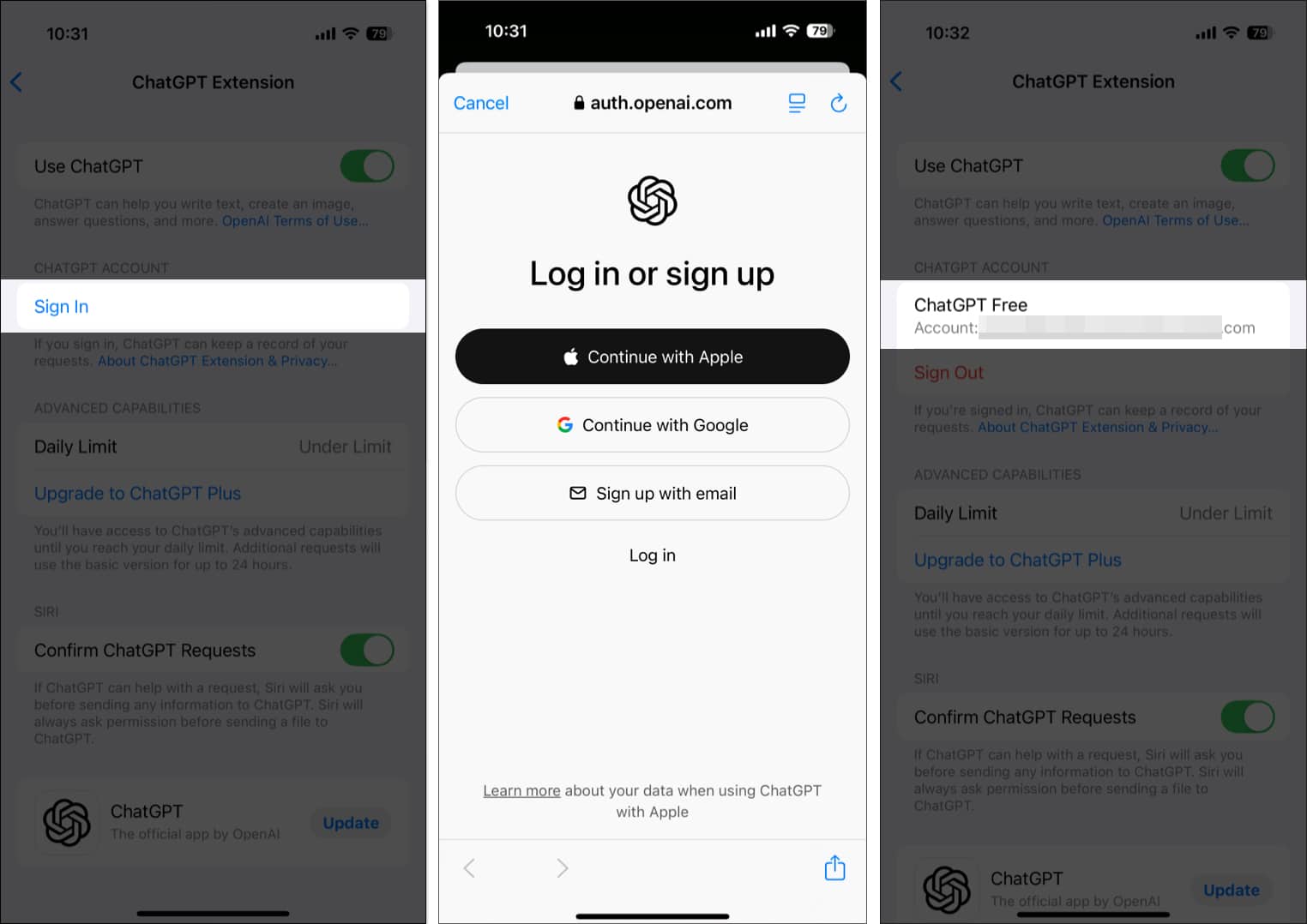 Signing in to a ChatGPT account in the iPhone Settings app