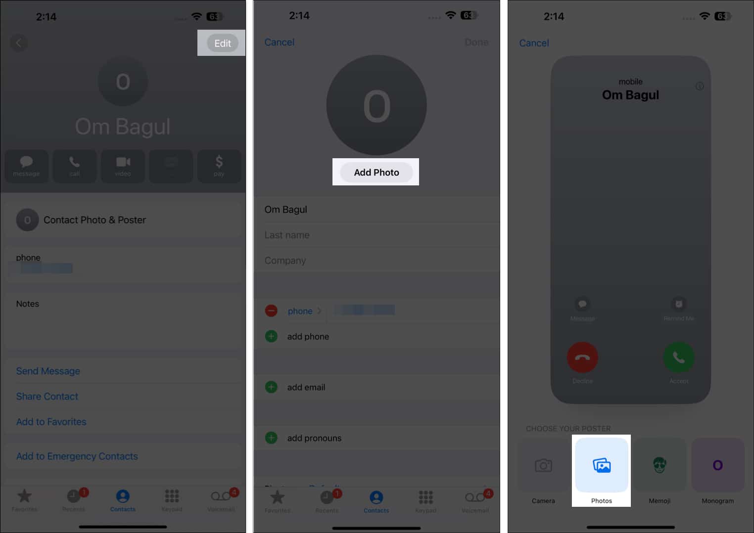 Tap Add Photo button for a contact in Phone app on iPhone