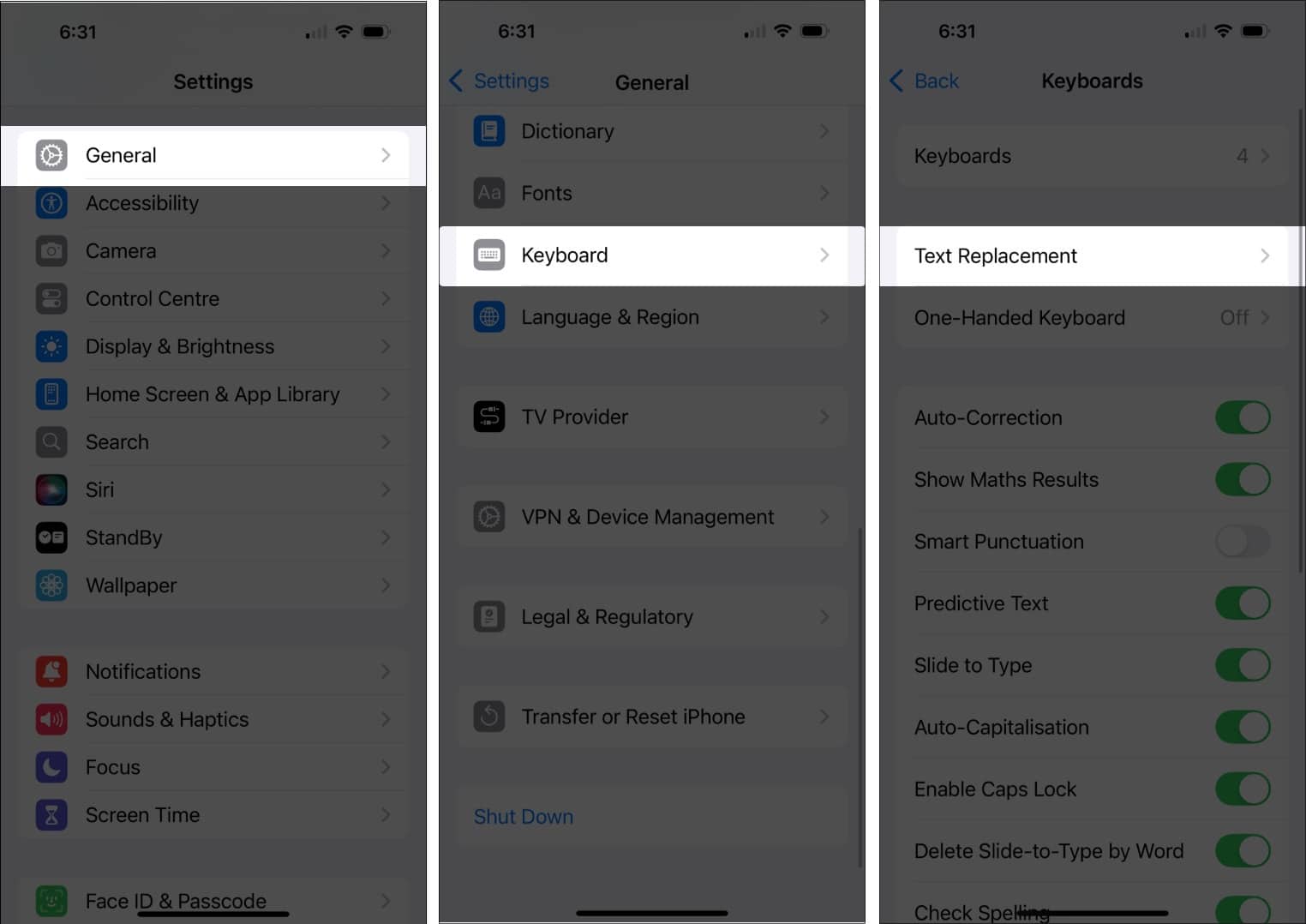 Accessing the Text Replacement page in iPhone Settings app