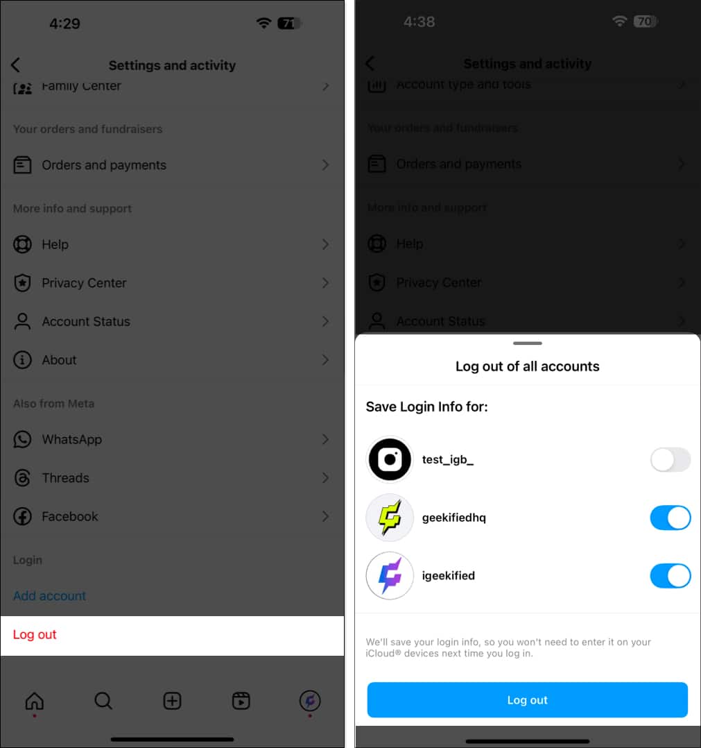 Logging out of added Instagram accounts on the iOS app