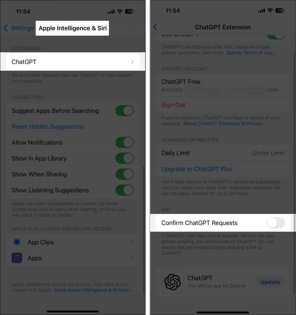 Disabling Confirm ChatGPT Request prompt when using Siri on an iPhone