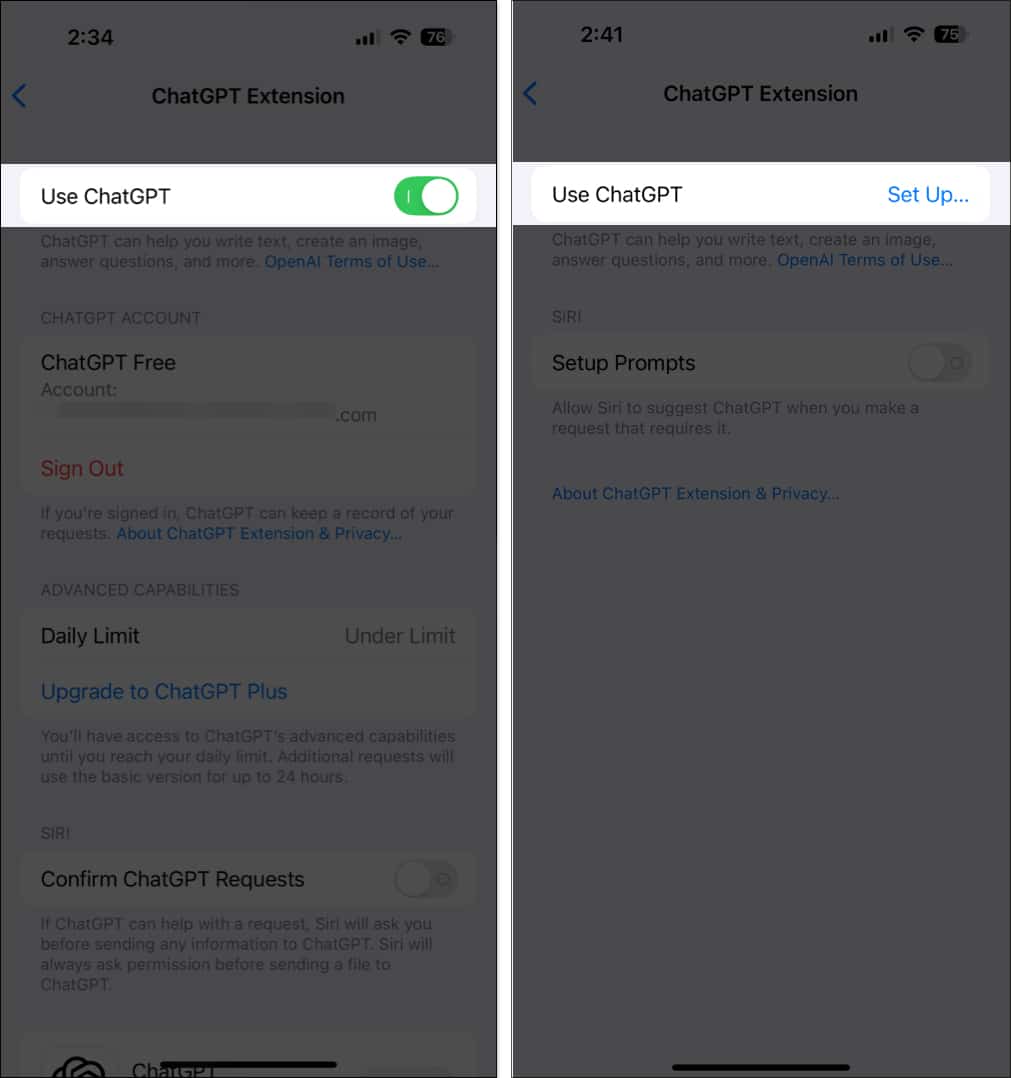 Toggling off ChatGPT in iPhone Settings