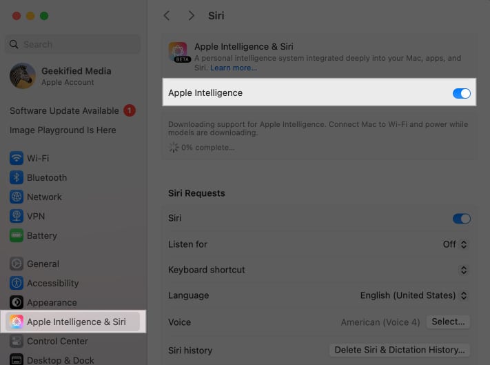 Toggling on Apple Intelligence from the System Settings on a Mac