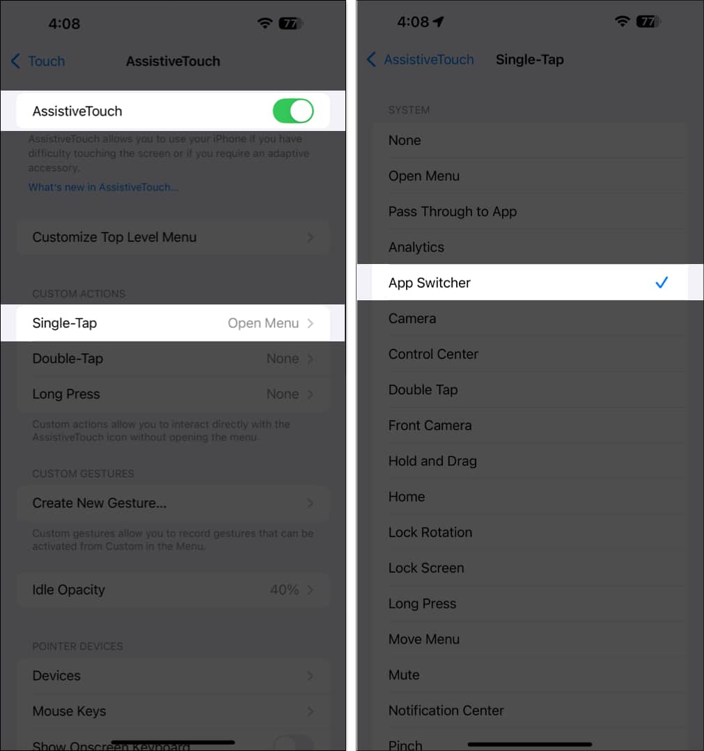 Toggling on AssistiveTouch and setting the Single Tap action to open App Switcher