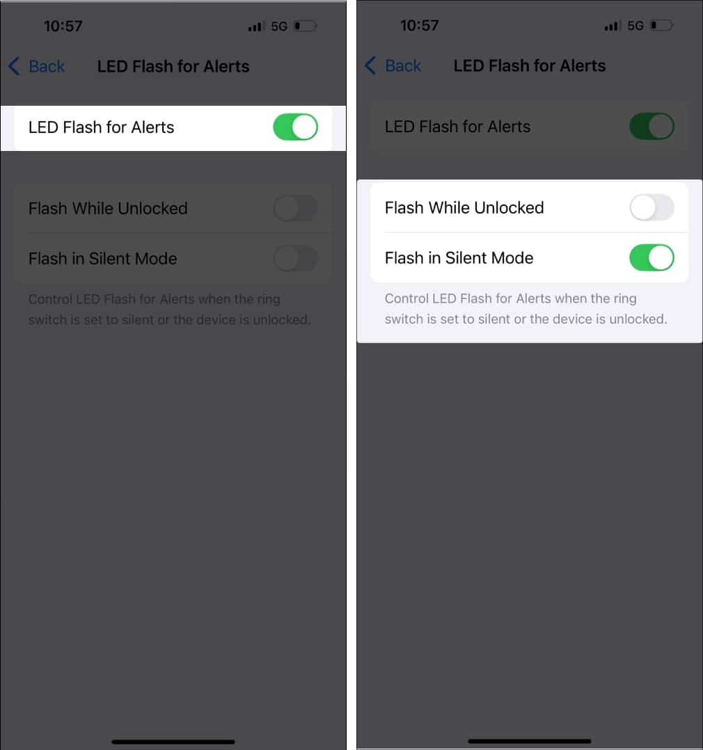 Toggle on LED Flash for Alerts turn on Flash in Silent Mode