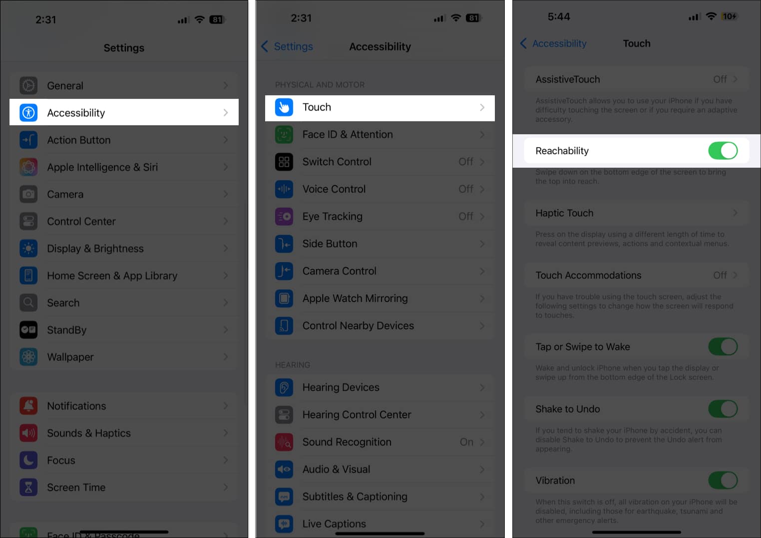 Toggle on Reachability from Accessibility settings on iPhone