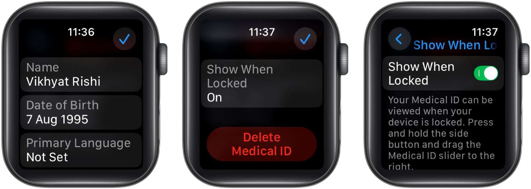 Toggle on Show When Locked after entering your details on Apple Watch Health settings