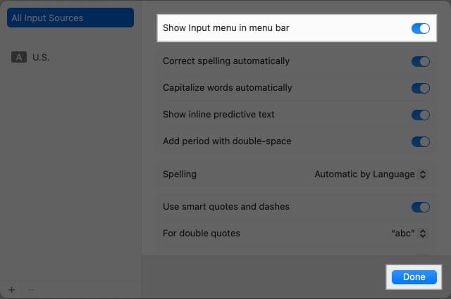 Enabling the Show Input Menu in the Menu Bar option in macOS System Settings