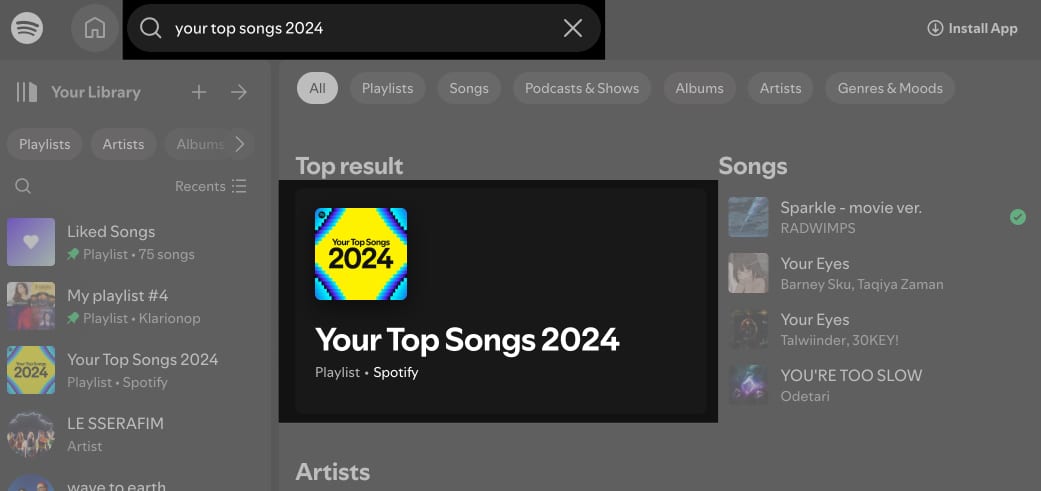 Your Top Songs 2024 playlist on the Spotify app on a Mac