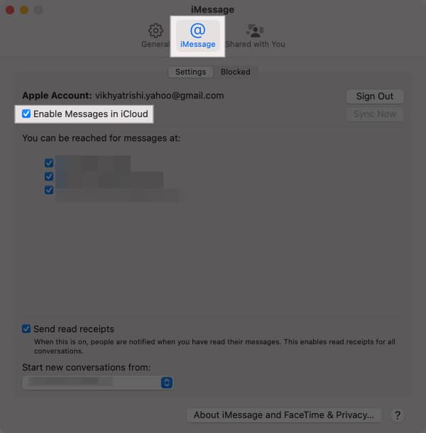 iMessage tab in the Messages app settings