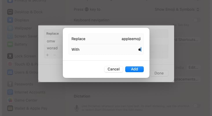 Setting up a Text Replacement for entering Apple logo on a Mac