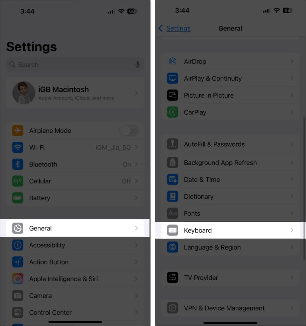 Accessing Keyboard settings on an iPhone