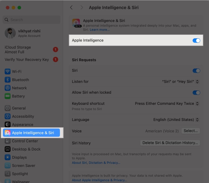 Toggling off Apple Intelligence in macOS System Settings app