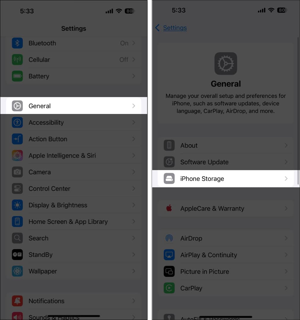 Accessing iPhone storage from settings app on iPhone