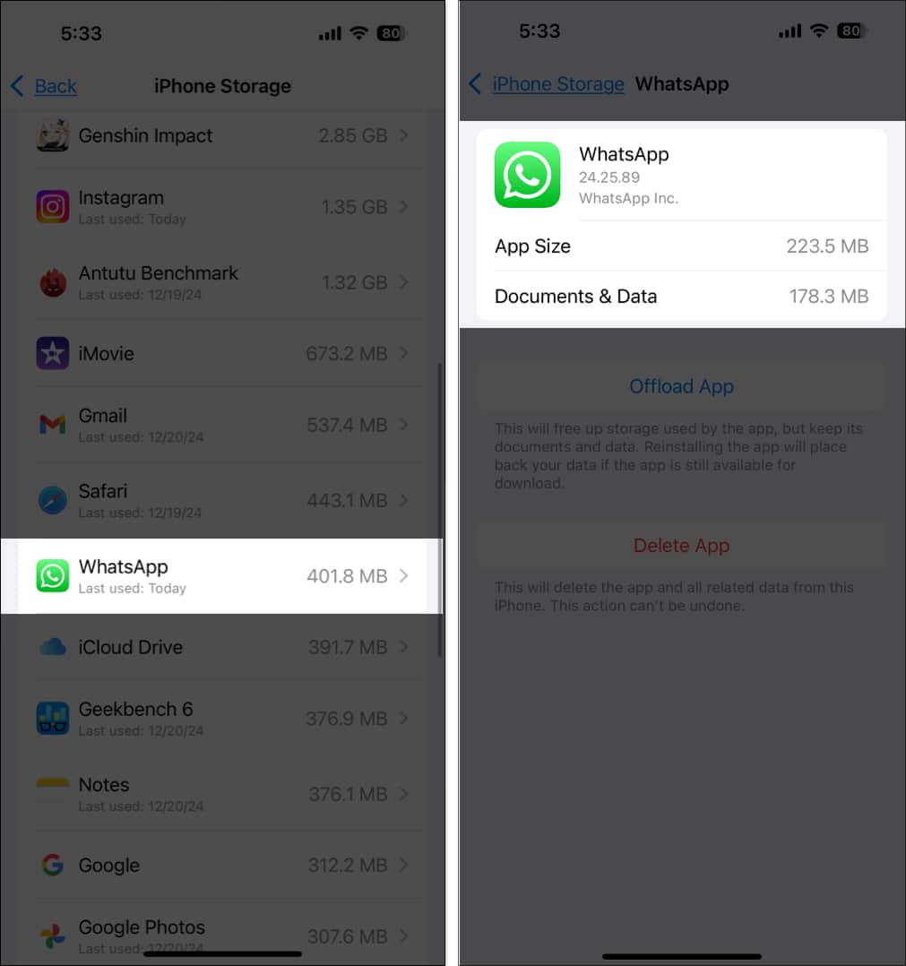 Checking Whatsapp storage from iPhone settings app