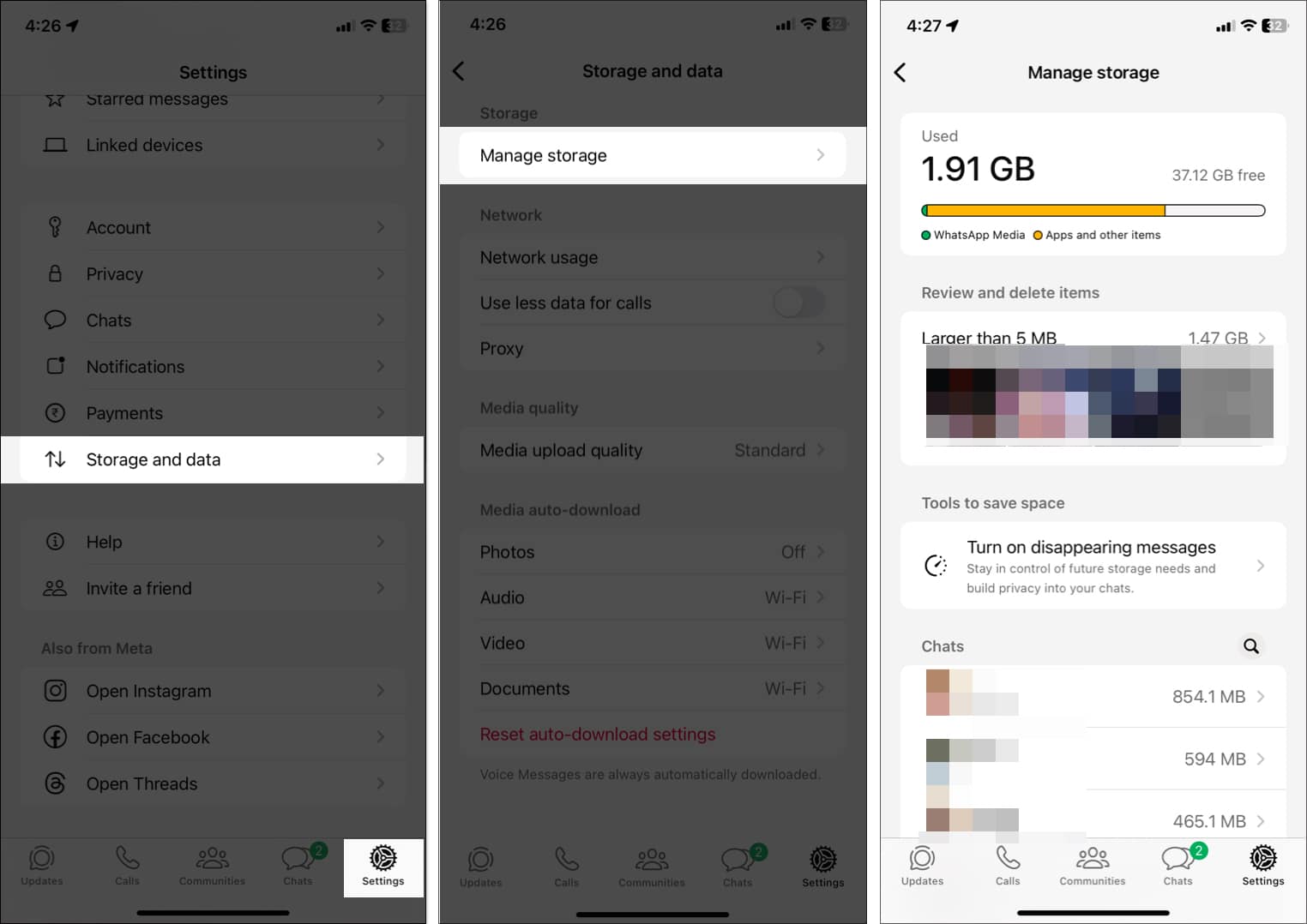 Checking Whatsapp storage usage from Whatsapp app on iPhone