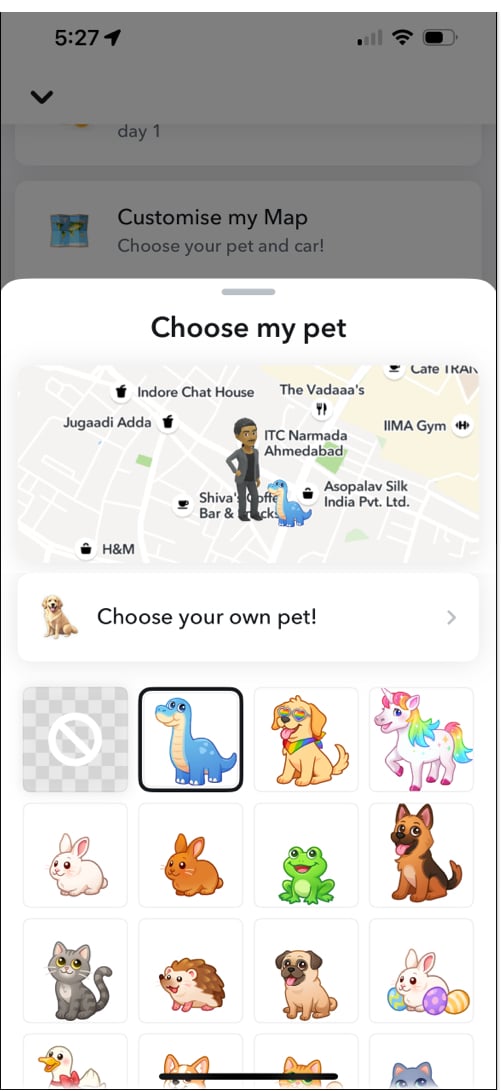 Choosing pet for your Snapchat account with Snapchat plus