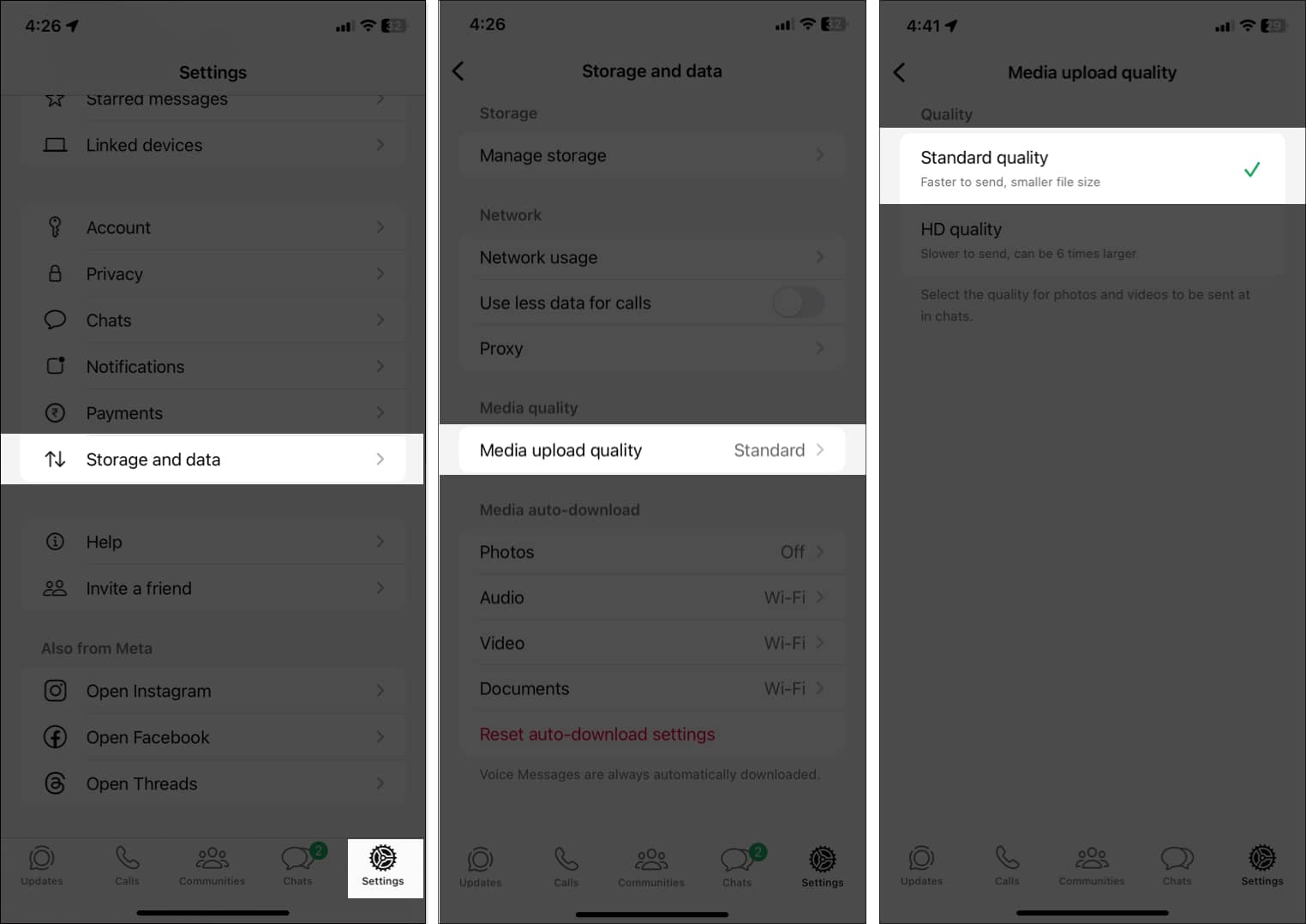 Choosing Standard quality for media upload quality in Storage and data WhatsApp settings on iPhone