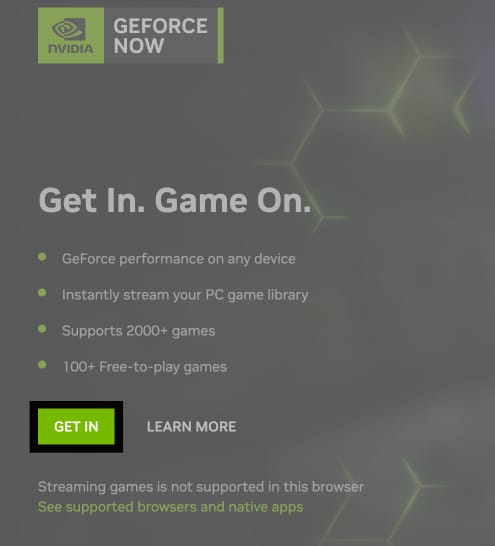 Get In button to sign in on GeForce Now