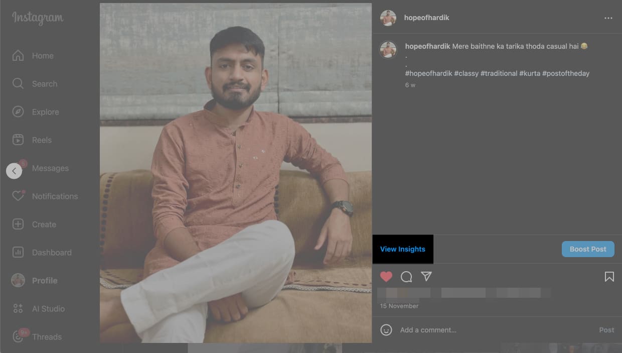 View Insights button on the Instagram website on a desktop