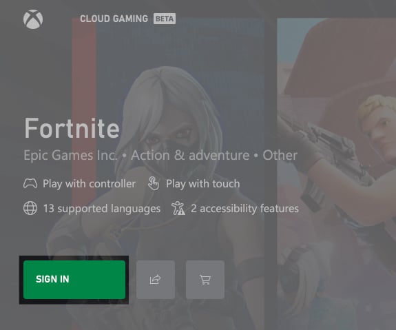 Sign in button on the Xbox Cloud Gaming website