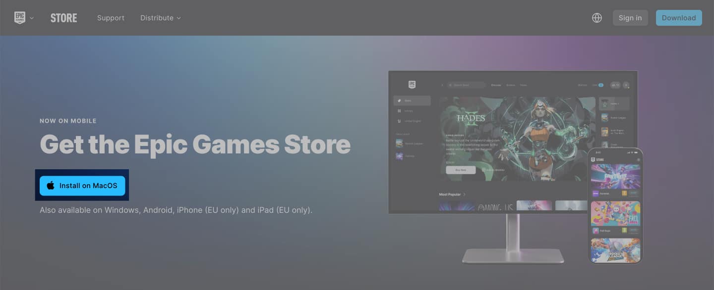 Install on macOS button to install the Epic Games launcher on a Mac