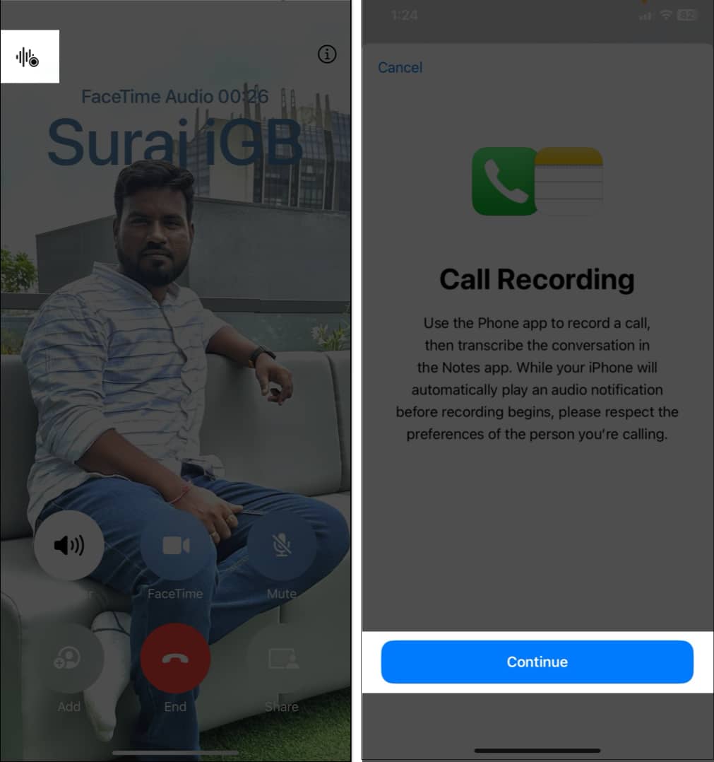 Recording FaceTime audio call on iPhone