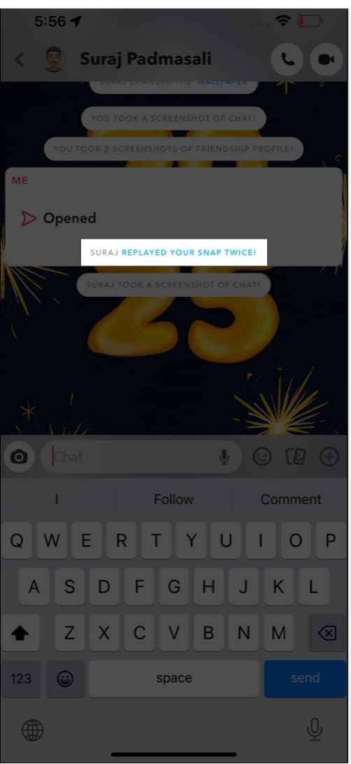 Replay snap notification in Snapchat app on iPhone