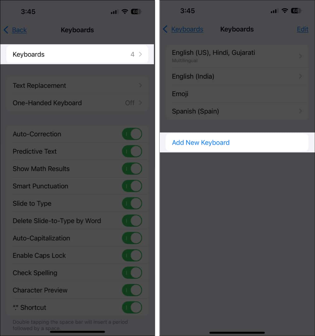 Accessing the Add New Keyboard option in iPhone Settings