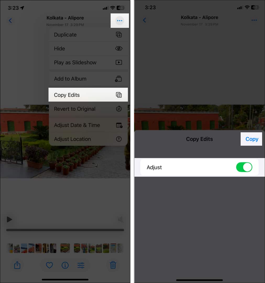 Select Copy Edits option from the dropdown menu and toggle on Adjust in Photos app