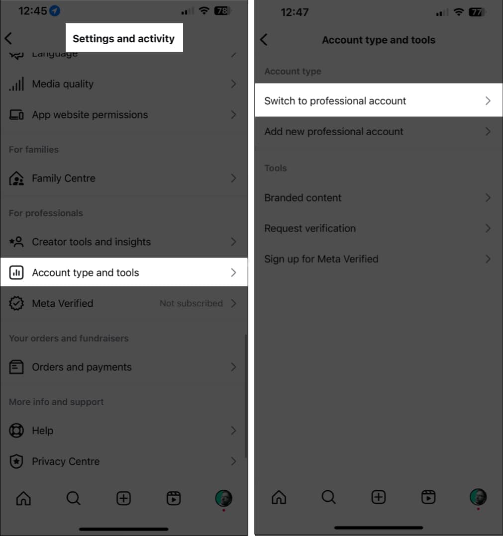Switching to a professional account in the Instagram settings page on an iPhone