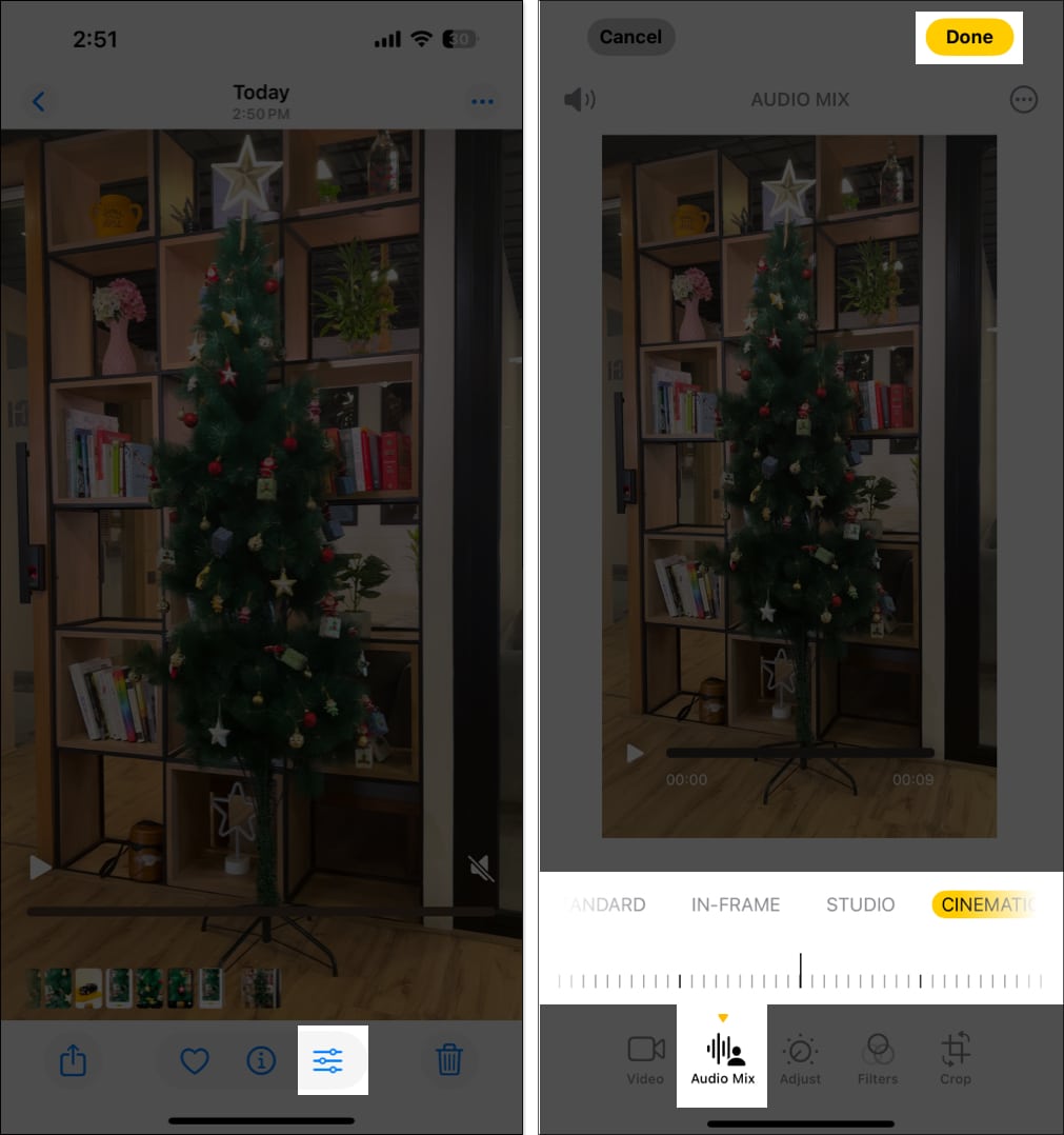 Selecting Audio mix option from the editing window in Photos app on iPhone