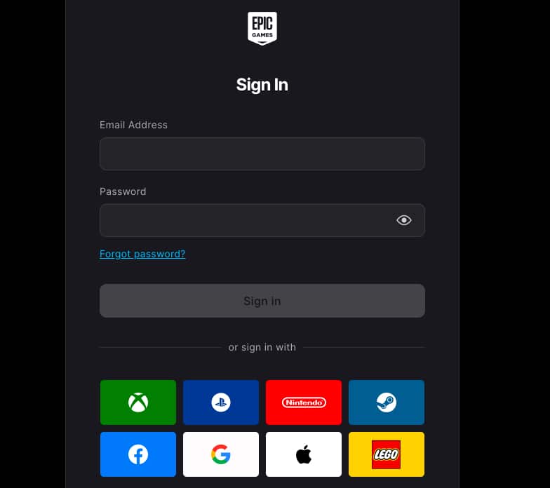 Signing in to an Epic Games account