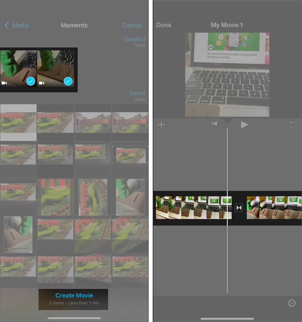 Tap on Create Movie after selecting two videos in iMovie app